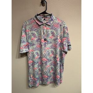 Bad Birdie Mens Large Flamingo Floral Hawaiian Print Golf Polo Shirt